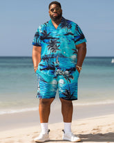 Big Guys Hawaiian Seaside Coconut Tree Print Shirt Shorts Set